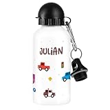 Striefchen® Personalisierte Trinkflasche für Kinder mit Wunschname – 500 ml Aluminiumflasche mit verschiedenen Motiven für Mädchen & Jungen (Verkehr)