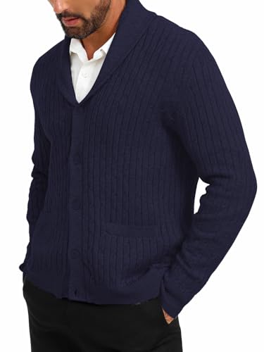 ALLOVIN Mens Cable Knit Cardigan Sweater Shawl Collar Long Sleeve Button Down with Pockets Casual Business Wear Fall Winter3