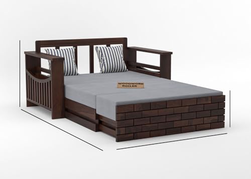 Image of Solid Sheesham Wooden Sofa Cums Bed with Mattresses for Living Room | Rosewood 2 Seater Sofa Cums Bed for Bedroom Without Pillow (B-Walnut Finish)