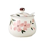 Ceramic Japanese Hand Painted Flower Sugar Bowl Seasoning Jar with Lid Spoon