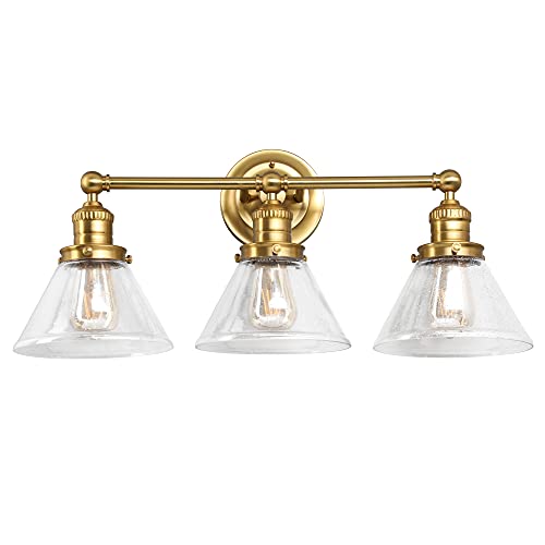 Image of Design House Augustin Vanity Light, 3-Light, Seeded Glass Warm Glow, Dimmable, Up /Down Glow, Easy Installation, E26 Socket, Satin Gold, 25.9 in L x 8.3 in D x 11.1 in H, 589036-SG
