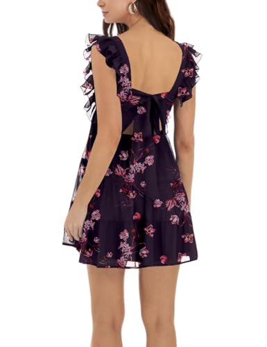 Image of Women's Summer Square Neck Tie Back Ruffle Sleeve Tiered Casual A-Line Short Mini Dress