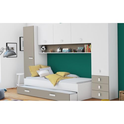 Befara Cama con Armario Puente AREN   Sin Cama supletoria Mueble Dormitorio. Incluye Cama, 2 Puertas Armario, 3 cajones y Estante. Funcional. Gran relación Calidad Precio. Juvenil.