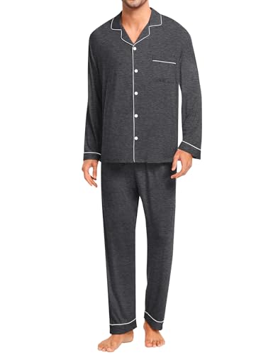 SWOMOG Men Pajamas Set Comfy Modal Pjs Button Down Sleepwear 2 Piece Long Sleeve Lounge Set Soft Nightwear with Pockets