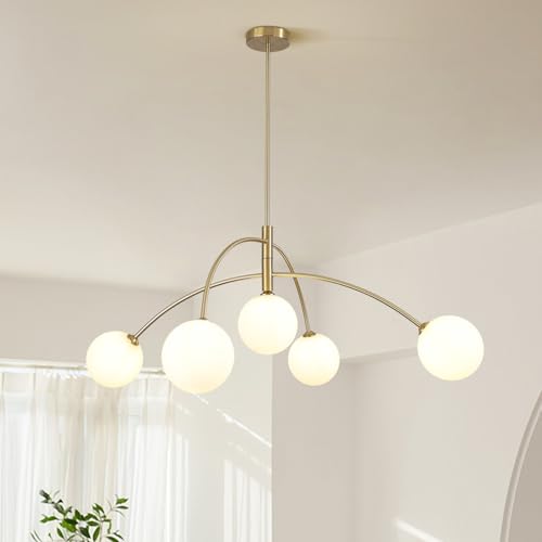 Contemporary Gold Ceiling Light 5-Light Glass Globe Lights Mid Century Modern Sputnik Chandelier for Dining Room Kitchen Bedroom Lighting Fixture