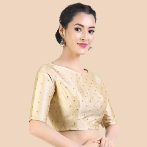 Image of Studio Shringaar Women Cotton Silk Silky Brocade Readymade Elbow Length Sleeves Saree Blouse Choli