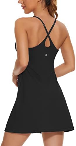 Womens Tennis Dress, 2-in-1 Golf Workout Dress with Built-in Bra & Shorts Pockets, Athletic Dresses with Adjustable Strap Black