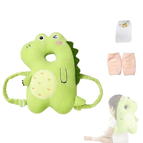 Image of Baby Head Protector Backpack, Toddler Baby Head Protection Backpack with Baby Knee Pads Alarm Function for Walking & Crawling, Soft, Breathable and Wearing Safety Baby Head Protector - Green Dinosaur