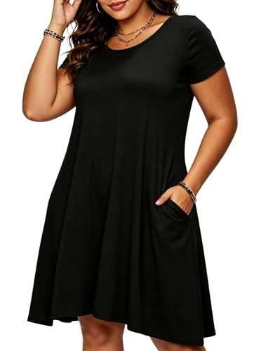 Image of Afibi Womens Short Sleeve Loose Pockets Dress Casual Swing T-Shirt Dresses