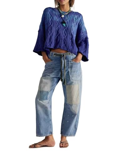 Pantalones Vaqueros Holgados de Barril para Mujer Estilo Vintage con Patchwork Tiro Medio cordón Ajustable y Pierna Ancha.