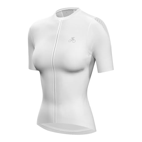 spocyclife Maillot de ciclismo para mujer, manga corta, transpirable, de secado rápido, camiseta de ciclismo con 3 bolsillos para mujer, deportes al aire libre, Blanco, XL