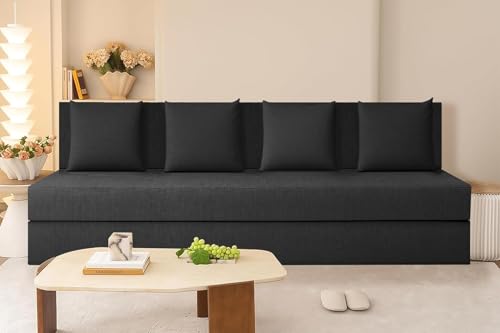 Image of Rosebell Lightweight 4 Person Foldable Sofa Cum Bed Jute Fabric Washable Cover Including 4 Cushion Size 6' X 6' Ft | Color - Black | Perfect for Home & Office