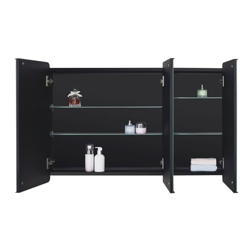 Image of IDYLLOR Black Bathroom Medicine Cabinet with Round Corner Framed Door, 40 x 25.5 inch, Recessed or Surface Mount, with Adjustable Glass Shelves