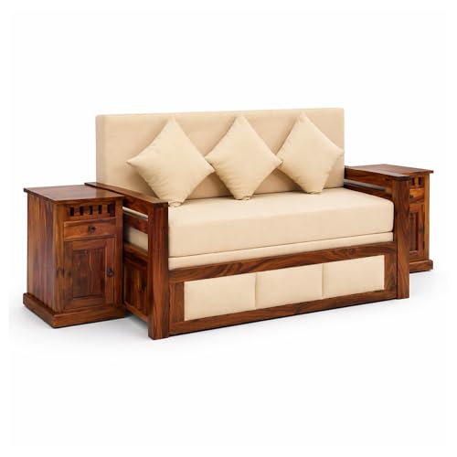 Image of SONA ART & CRAFTS Zeus Sheesham Wood 3 Seater Sofa Cum Bed with Bedside | Wooden 3 Seater Sofa for Living Room Wooden Furniture Sofa Bed for Home (Natural Finish)
