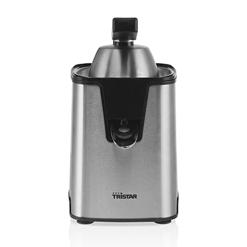 Tristar Zitruspresse CP-3009 – Edelstahl-Fruchtfleischfilter – Anpassbarer Fruchtfleischfilter – 2 Presskegel – PFOA-Frei – Silber/Schwarz