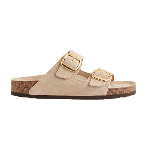 LE CÔTÉ CHIC | Sandalias Mujer Verano Planas | Doble Hebilla Ajustable Dorada | Suela de Corcho Memory Foam (Beige, Sistema tallas calzado EU, Adulto, Números, mediano, 37)