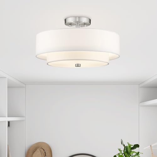 Livex Lighting 51044-91 Brushed Nickel Flush Mount with Off-White Fabric Hardback Shade by Livex - Image 9