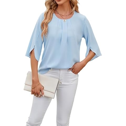 HaniLav Women Summer Dressy Shirts Elegant Pleated Crewneck 3/4 Sleeve Chiffon Work Blouse Shirt Tops,Blue,L Cover