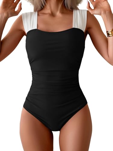 B2prity Womens One Piece Swimsuit Retro Square Neck Tummy Control Bathing Suits Ruched Modest Full Coverage Swimwear