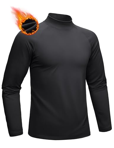 MAGCOMSEN Mens Base Layers Long Sleeve Thermal Shirts Fleece Lined Stretchy Athletic Shirts for Winter Outdoor Black L