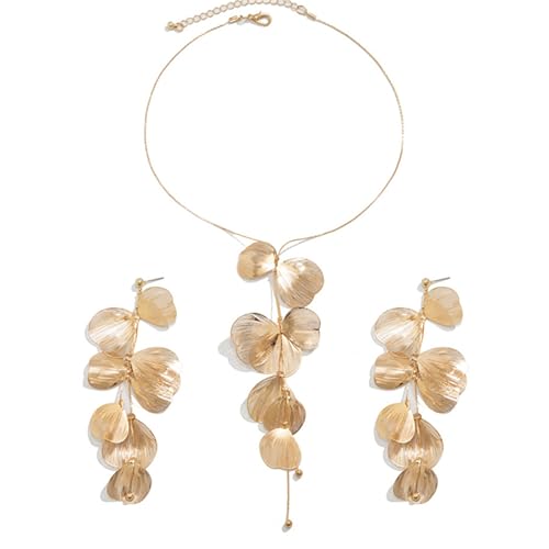 WCRAZYE Gold Flower Statement Floral Necklace Earring Sets for Women Fashion Petal Statement Necklace 14K Gold Plated Large Petals Necklace Unique Boho Floral Jewelry Accessessories Romantic Cool Gifts