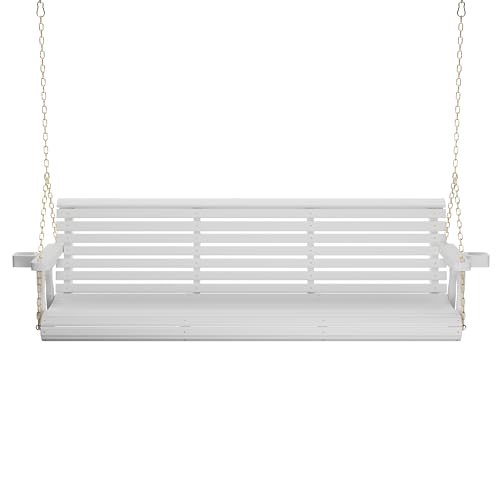 Image of Amish Casual Heavy Duty 700 Lb Capacity Porch Swing with Cupholders (6 Foot, Semi-Solid White Stain) - Wooden Outdoor Roll Back Swing with Hanging Chains - Amish Made in the USA