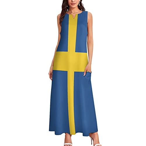 Image of TAIZIYEAH Long Dress Swedish Flag Women's Summer Casual Loose Dress Long Dress Short Sleeve for Girls Fashion Skirts 4XL