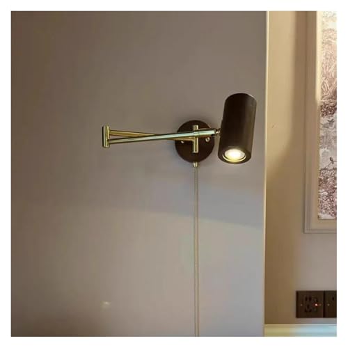 Applique da Parete A LED in Stile Nordico Moderno - Braccio Oscillante in Rame E Legno di Noce, Elegante Complemento D'Arredo per Bagno E Camera da Letto, Lampada D,Pull Chain Switch