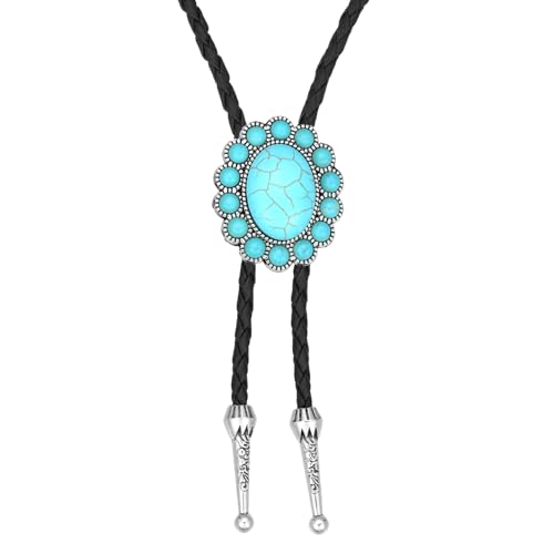 Image of AZORA Western Cowboy Bolo Tie Men Leather Necktie Leather Cord Turquoise Stone Bolo Ties for Men Women