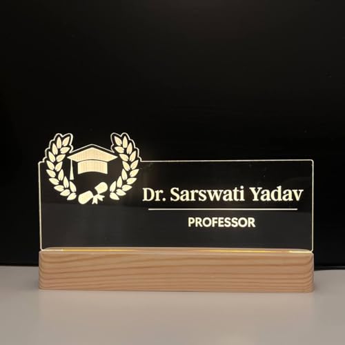 Image of Personalized Acrylic Desk Name Lamp for Professors | Custom LED Light with Name, Designation & University Logo | Best Birthday Rakhi Gift for Assistant Professor , HOD, Dean, Vice Chancellor, College Staff, Promotion farewell and New office joining (10 x 6 inch) (For Professor)