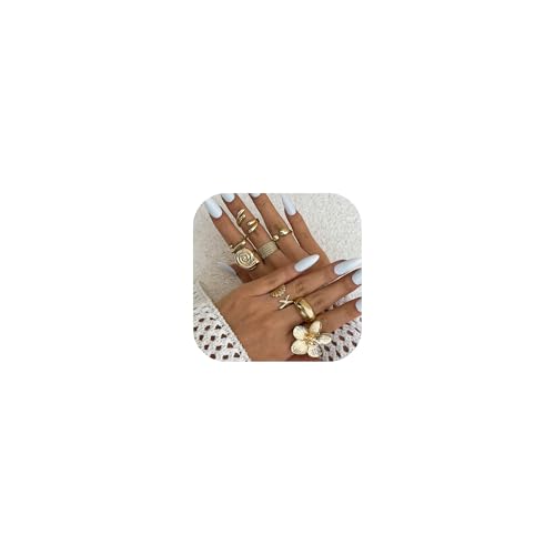 HUASAI Gold Stackable Rings for Women Statement Chunky Gold Rings Non Tarnish Boho Flower Seashell Knuckle Stacking Ring Set Jewelry