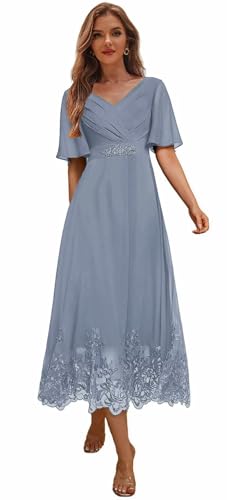 Dusty Blue Lace Appliques Mother of The Bride Dresses for Wedding Tea Length Formal Evening Dress...