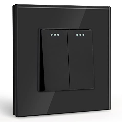 BSEED Interruptor de luz 2 Gang 1 Vía,interruptor pared con marco de cristal,16Amp Negro Interruptor de luz de botón pulsador,Interruptor de palanca 86mm