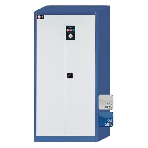 Asecos E-Classic Umweltschrank ÜHP-Ausstattung mit Flügeltüren und ZylinderschlossEnzianblau/Lichtgrau, 950mm Breite, 500mm Tiefe, 1935mm Höhe