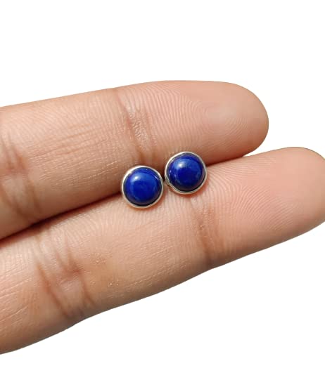 Pierre Lapis Lazuli Naturelle Argent Sterling 925 6 MM Ronde Couleur Bleu Foncé Pierre de Guérison Boucles d'oreilles Minimalistes pour Femmes & Filles