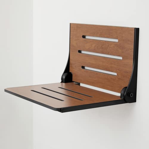 Seachrome Silhouette Folding Wall Mount Shower Bench Seat, Rustic Teak Seat with Matte Black Frame (SHAF-185155-PRTS-S-MB) by Seachrome - Image 2
