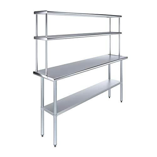 Image of AmGood Stainless Steel Work Table with 12 inch Wide Double Tier Overshelf | Metal Kitchen Prep Table & Shelving Combo | NSF (Stainless Steel Table with Double Overshelves, 72 inch Long x 18 inch Deep)