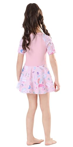Image of Girls Swimsuit Girls One Piece Skirted Swimsuit Short Sleeve Floral Rash Guard Bathing Suit Swim Dress Swimwear