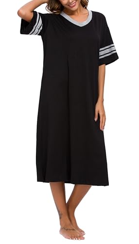 Womens Nightgown V Neck Knit Long Sleepwear Short Sleeve Soft Loungewear with Pockets S-XXL2