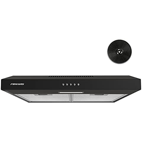 FIREGAS 60cm Visor Cooker Hood LED Extractor Hood Under Cabinet Hood Wall Mounted Extractor Fan Kitchen 600 mm Top Vented Range Hood,Black Cover