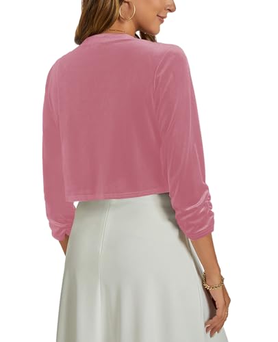 Image of Womens Velvet Bolero Shrug Elegant Open Front Ruched 3 /4 Sleeve Cocktail Party Cropped Cardigan