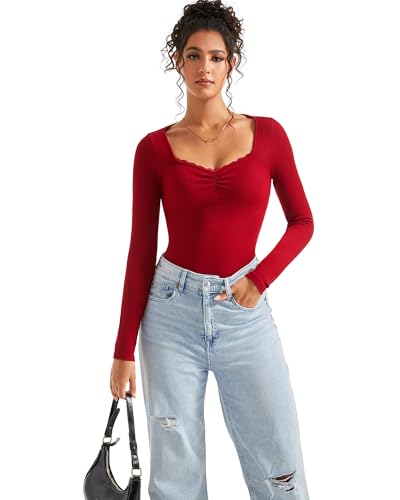Image of SUUKSESS Women Sweetheart V Neck Long Sleeve Tops Lace Trim Ribbed Modal Fall Going Out Shirts