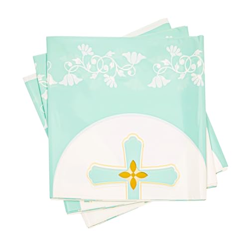 Image of BLUE PANDA 3-Pack Disposable Plastic First Communion Table Cloth - 54 x 108 in White Rectangular Pleated Plastic Cover - Spill Protection & Easy Cleanup - Religious Baptism Decorations