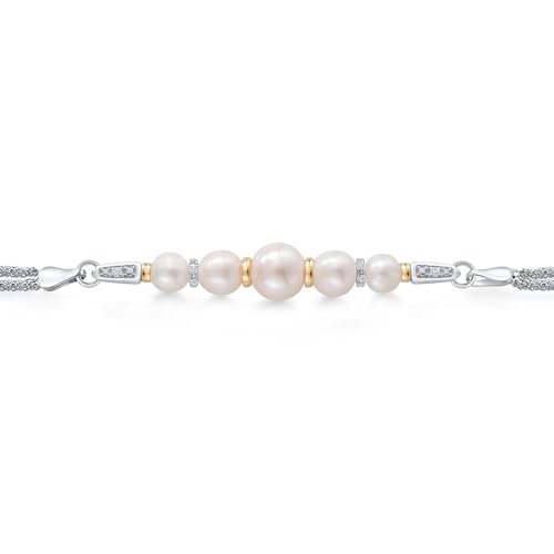 Gem Stone King 925 Sterling Silver and 10K Yellow Gold Cultured Freshwater Pearl and White Lab Grown Diamond Bracelet for Women (Round 5.5mm-7.5mm Pearls, 6.5/7/7.5 Inches, Made in Italy)2
