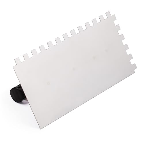 Mivos Zahnglättekellen-Set 4-tlg - Edelstahl Zahnkelle 6x6 8x8 10x10 12x12 mm - Gezahnt Glättekelle 270 x 130 mit Kunststoffgriff - Rostfreie Fliesenkelle - Traufel - Made in EU