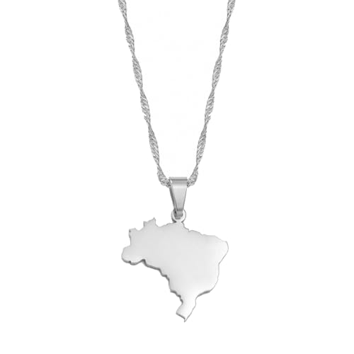 Macracrua Collier avec pendentif carte du Brésil en acier inoxydable pour femmes et filles, 60cm or 23.6 Inches, Plaqué or