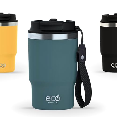 ECOROOTS Thunder - Gobelet Isotherme 470 ml Café à Emporter et Boissons Froides | Thermo Sans BPA | Antifuite, Isolation Sous Vide | Tasse Nomade pour Bureau, Sport et Voyages (BLEU MIDNIGHT)