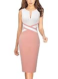 VFSHOW Womens Off-White and Pink Colorblock Patchwork Slim Zipper Up Work Business Office Party Bodycon Pencil Sheath Dress 6192 PIK M