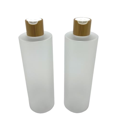 Empty Cosmetic Bottles 16oz/500ml 2 Pack with Bamboo Disc Top Flip Cap for Shampoo Lotion Liquid Soap,Cream,Refilable Plastic Squeeze Travel Size Toiletry Bottles
