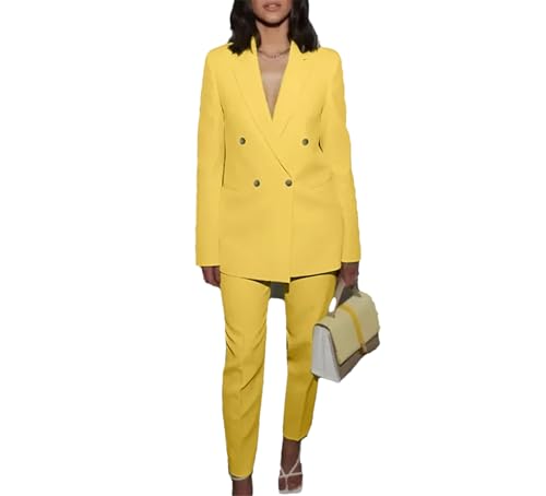 Women's Yellow Double Breasted Suit, Peak Lapel Formal Set for